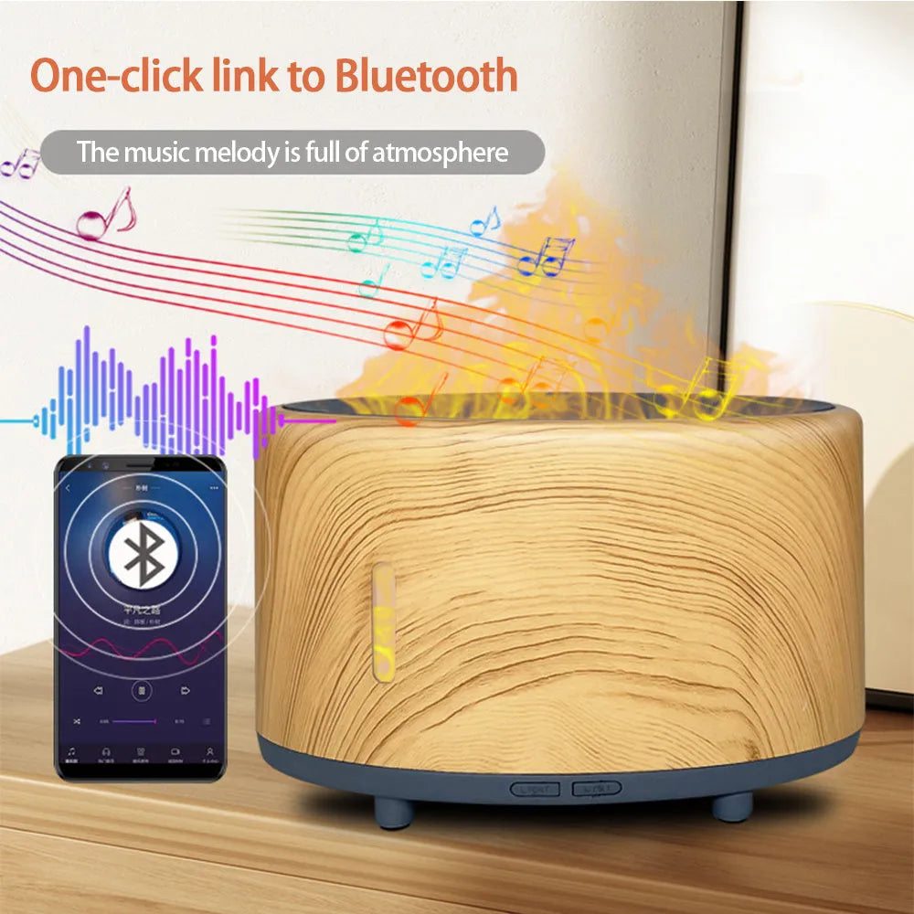 Bluetooth remote controlled humidifier and aromatherapy diffuser with LED flame effect in three colour finishes.