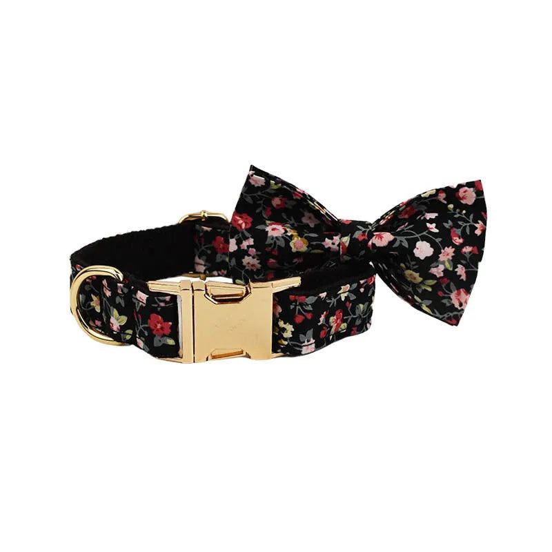 Removable bow lettering printed on a cloth dog collar, with matching leash, bow, and vest set.