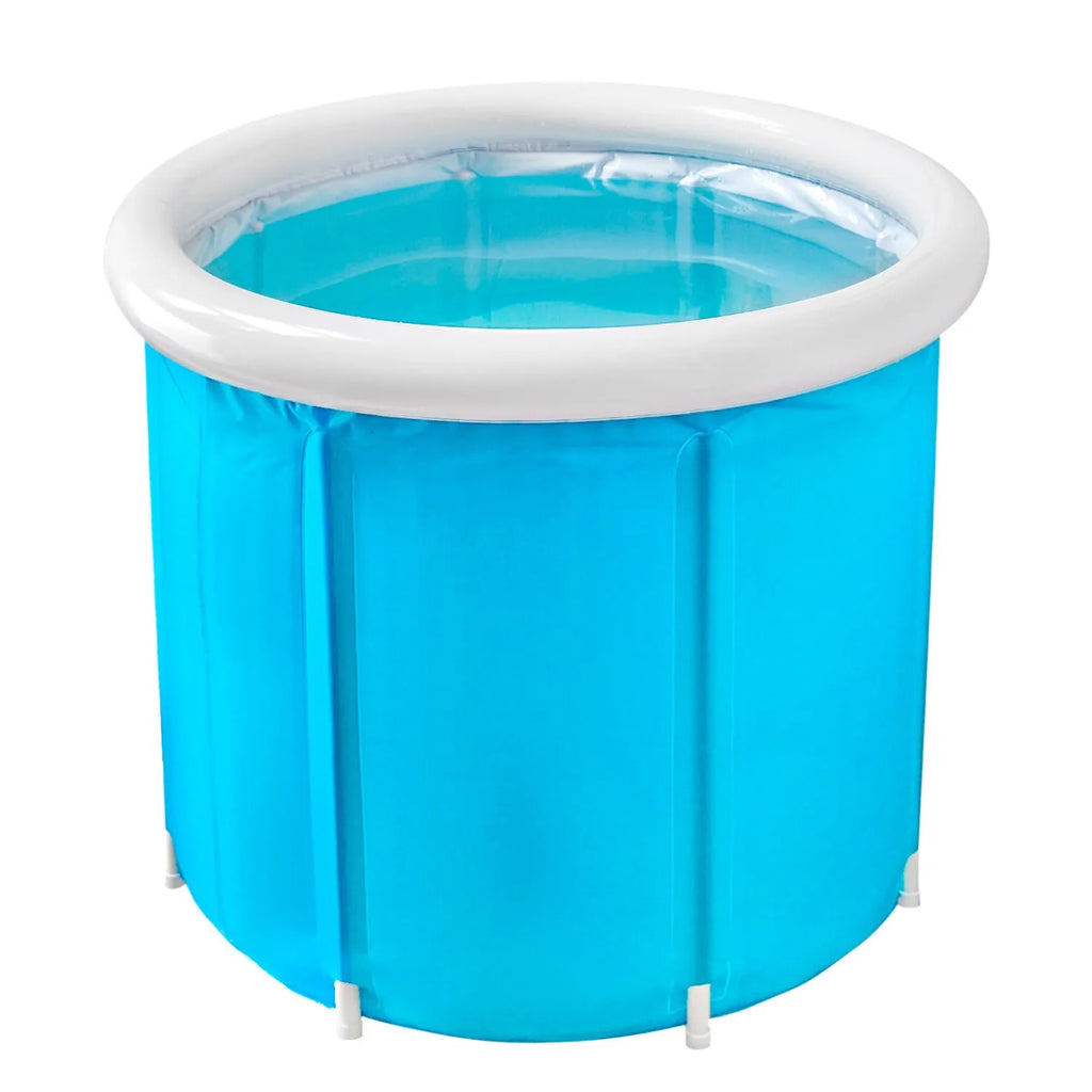 Blue inflatable bath barrel for adults made from environmentally friendly PVC, folded and inflated.
