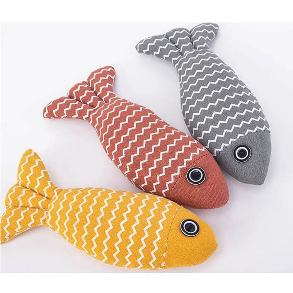 Burlap fish catnip cat toy in bright colour with crinkle sound, 8.27 inches long, on floor