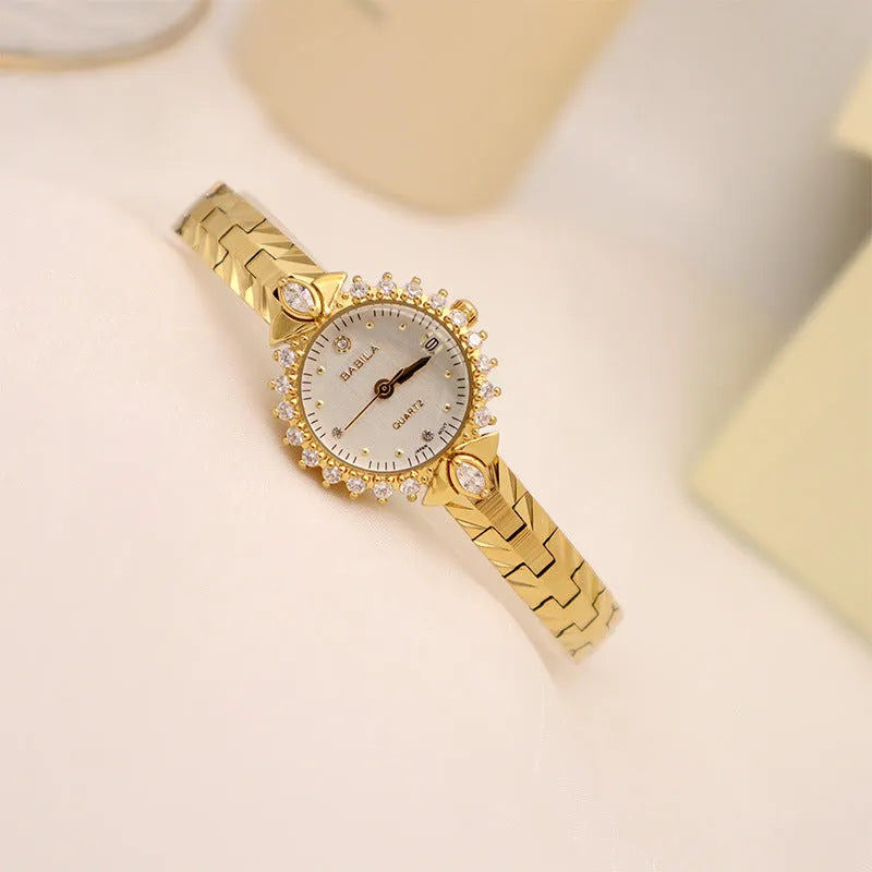 Women's vintage quartz watch with diamond bracelet in gold or white dial option