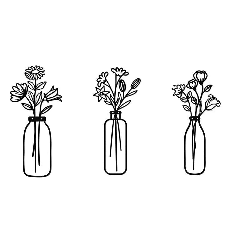 Black iron flower silhouette wall decoration, 40x19 cm, with wall mount on neutral wall