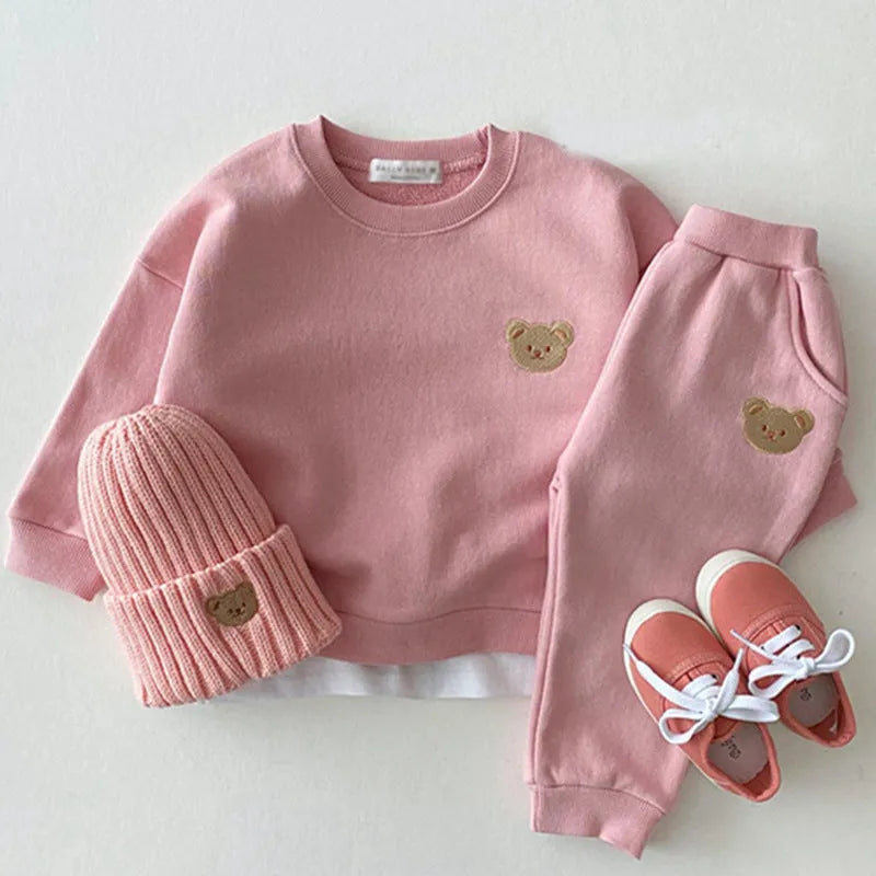 Children's cotton bear round neck sweater and pants two-piece set in yellow, dark blue, brown, pink and light grey