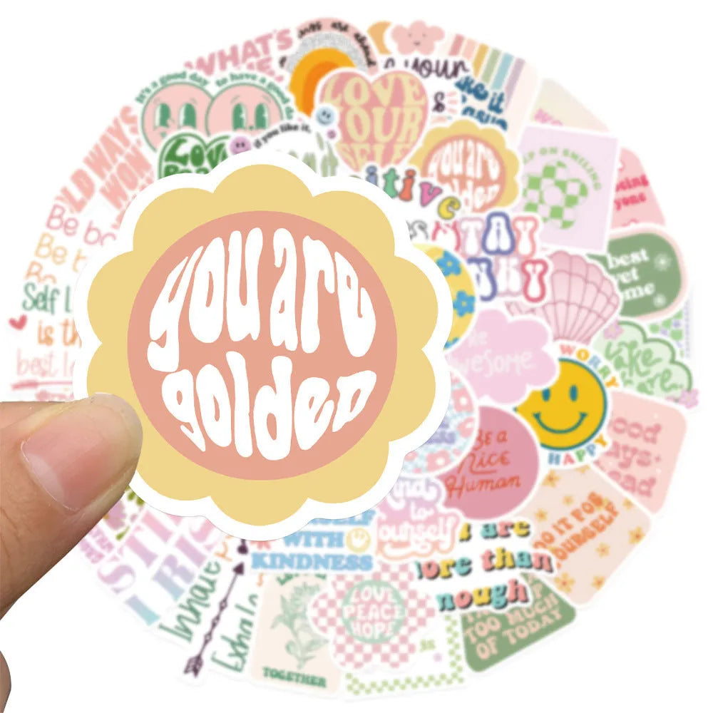 Danish pink motivational vinyl stickers with cartoon and graffiti designs, 4-6cm in size, for laptops and luggage.