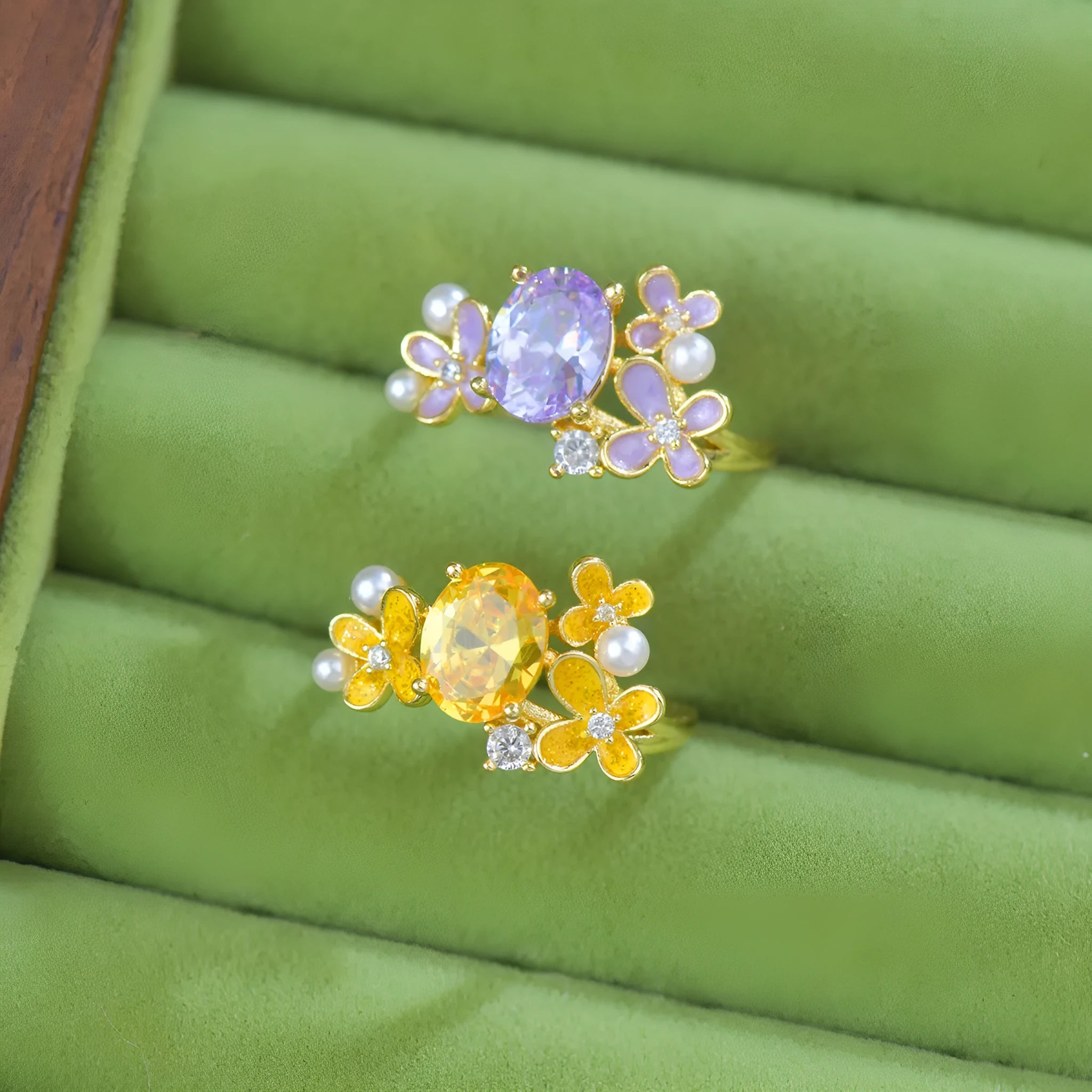 Women's flower pearl open ring with zircon stones in light purple colour