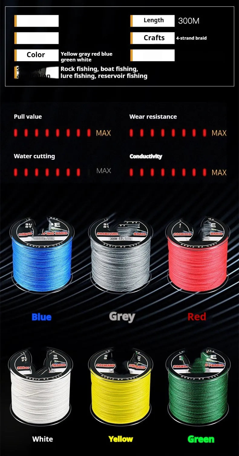 Spool of Dali Mayu 300 metre PE fishing line showing multiple colour options against a tackle background.