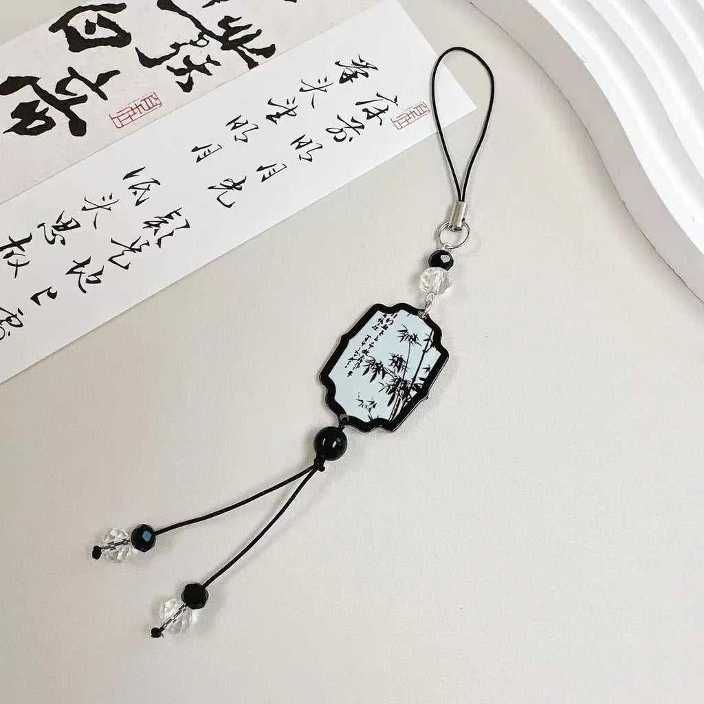 Guofeng Chinese-style pendant keychain with floral bead patterns in Fan or Poetry colour on a key ring.
