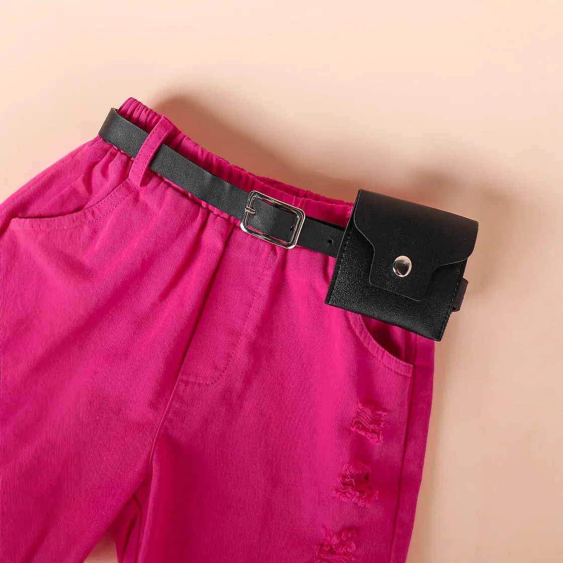 Rose red children's short-sleeved t-shirt, denim shorts, and belt set for girls ages 4Y to 7Y
