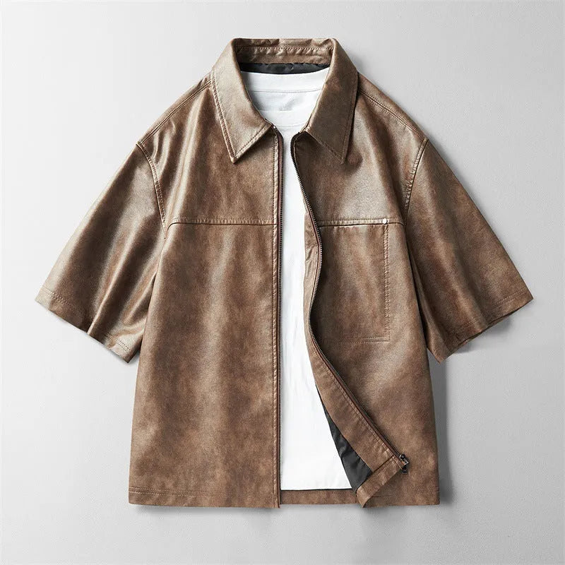 High street faux leather short sleeve jacket for women with princess sleeves, available in black coffee khaki, sizes M to 4XL