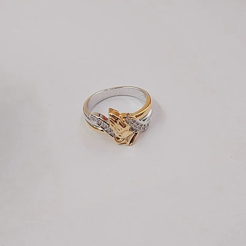 14K gold electroplated prayer hands ring for women, geometric design, alloy with artificial gem inlay, 4 grams, gold finish