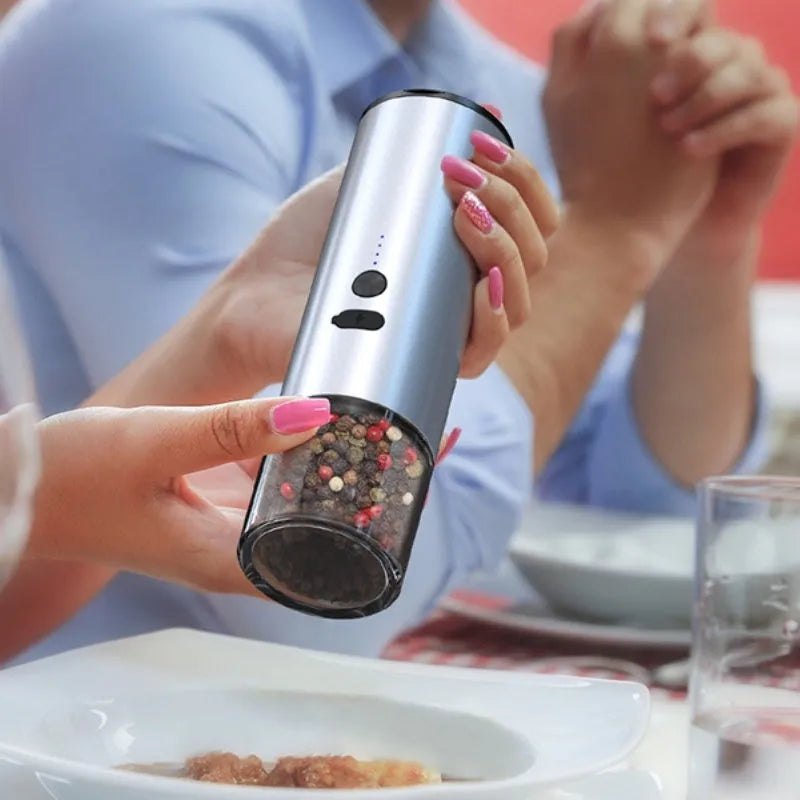 White or black electric salt pepper grinder with clear glass jar and stainless steel top