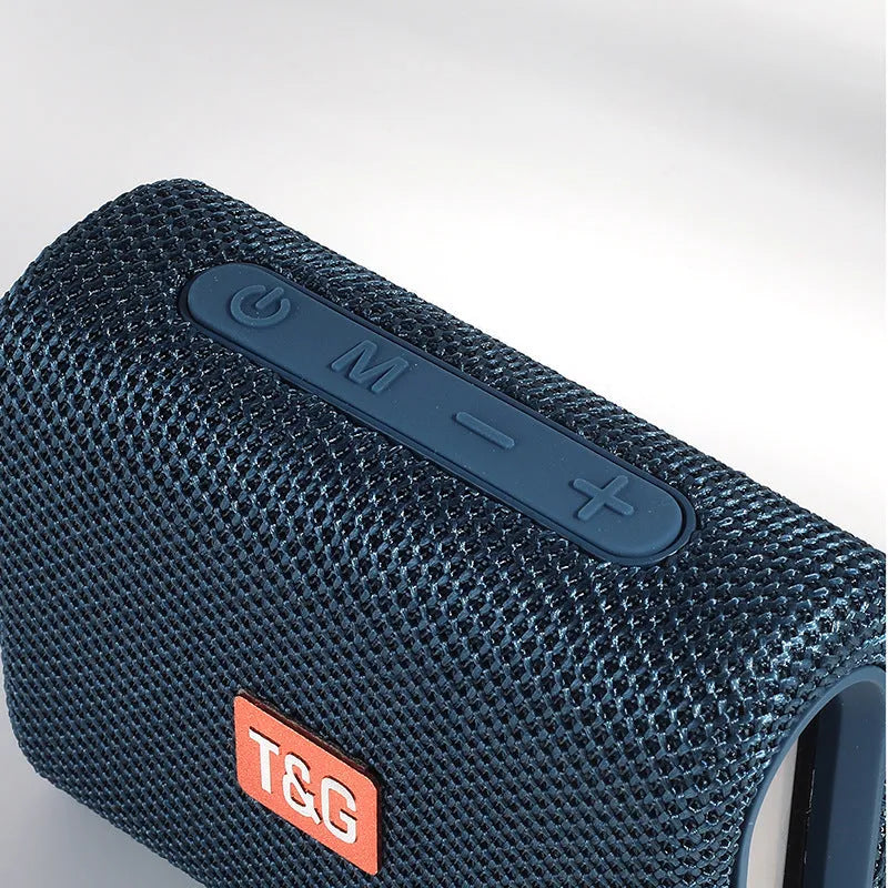 Wireless Bluetooth speaker in black, front view showing control buttons and grille, with double diaphragm subwoofer, 100x40x78mm