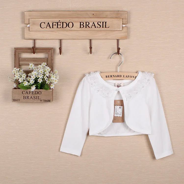 Children's long-sleeved princess lace coat in white cotton with lace trim, summer style for girls