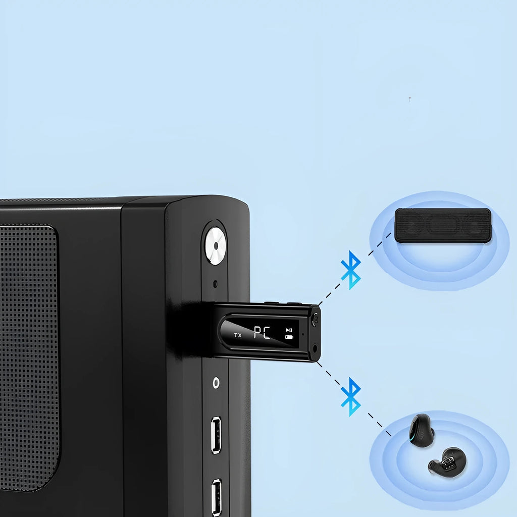 Black USB car FM Bluetooth receiver with LCD screen plugged into a car dashboard 12V socket.