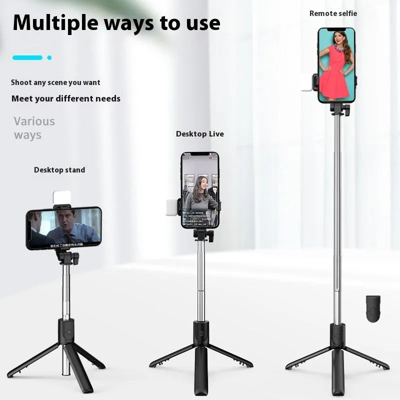 Black R1-L portable mobile phone holder and tripod selfie stick made from stainless steel and alloy.