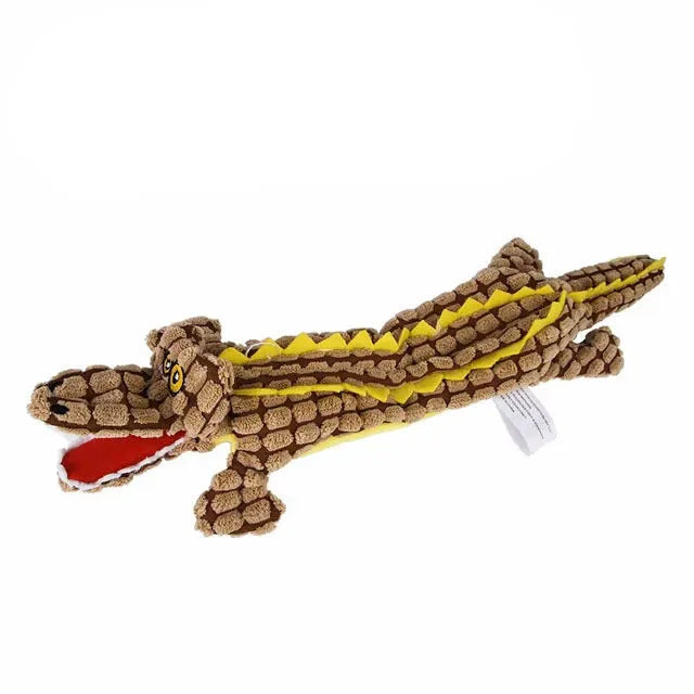 Blue crocodile-shaped plush squeaky dog toy shown beside coffee and grey colour options in small and large sizes