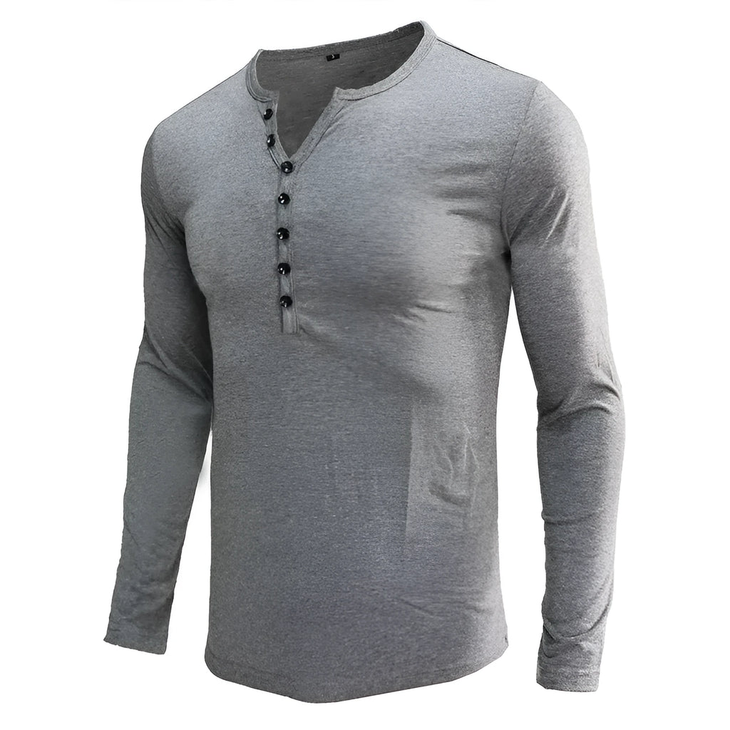 Men's solid colour long sleeve cotton blend Henry shirt on a hanger