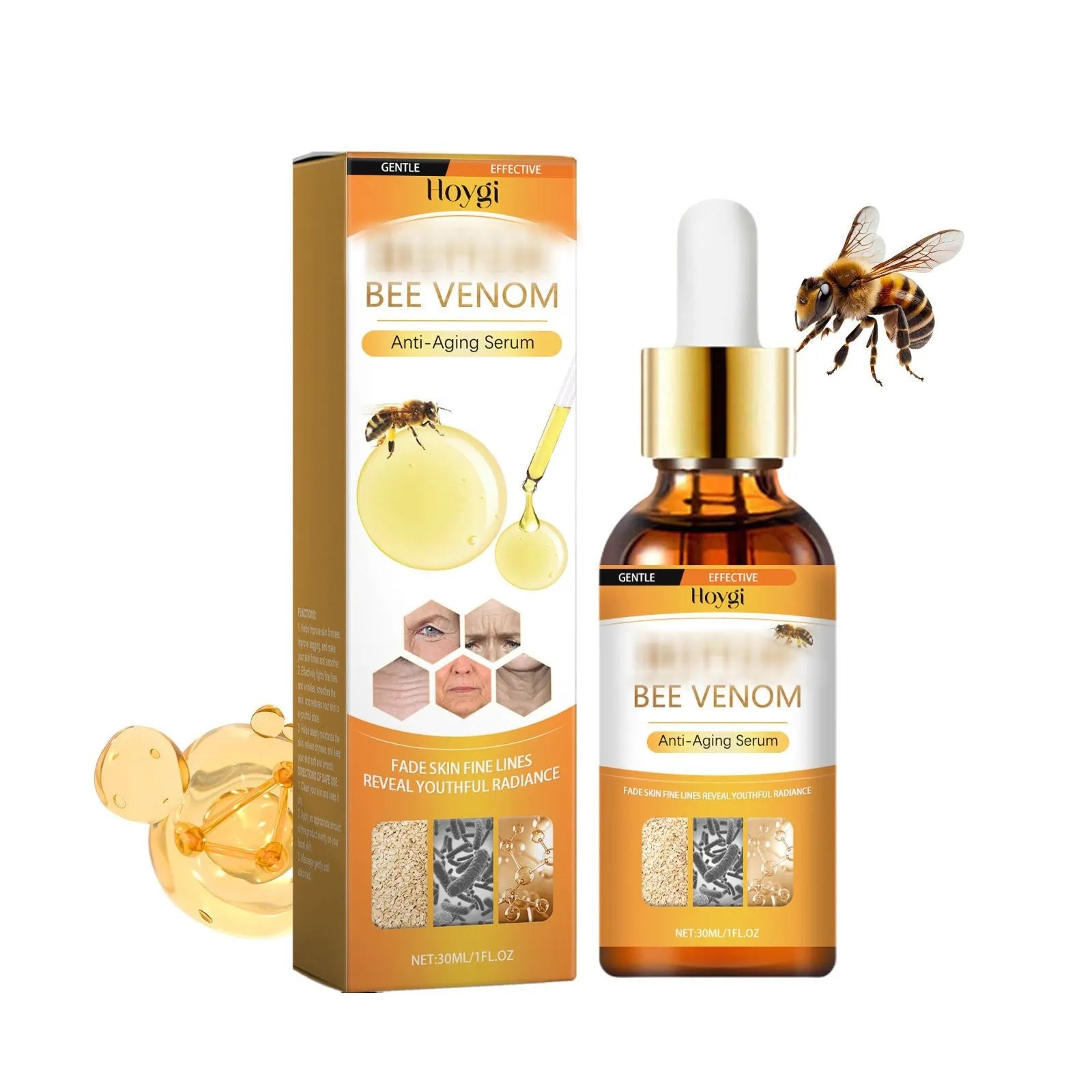 30ml bottle of anti-aging essence liquid with hyaluronic acid and bee venom