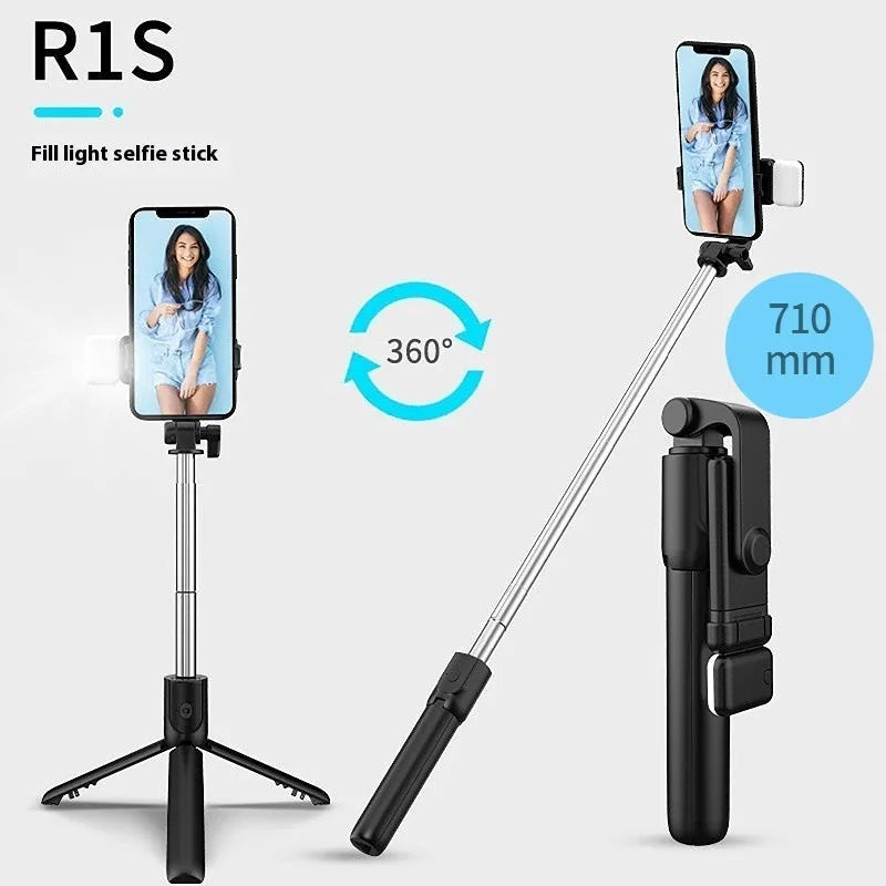 Black R1-L portable mobile phone holder and tripod selfie stick made from stainless steel and alloy.
