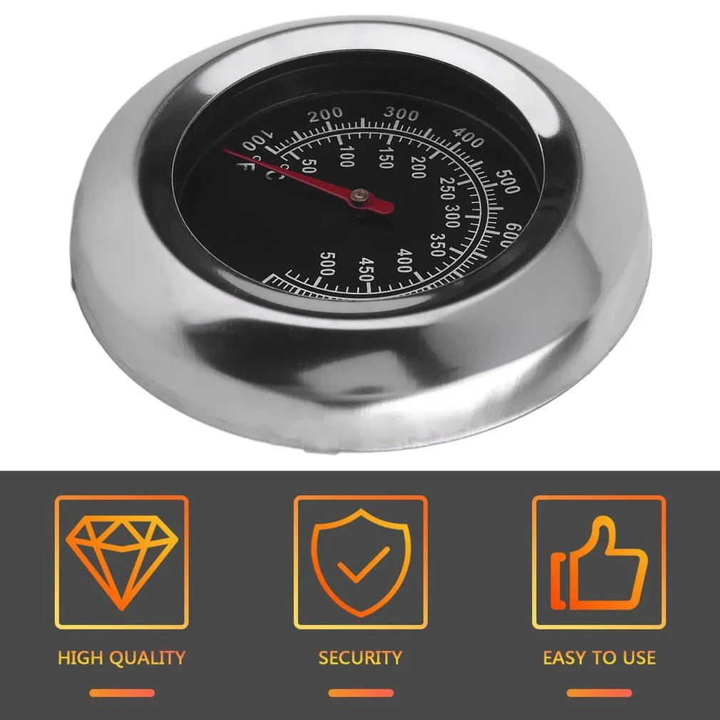 Stainless steel metal thermometer with 76mm round dial and 6x39mm probe on white background