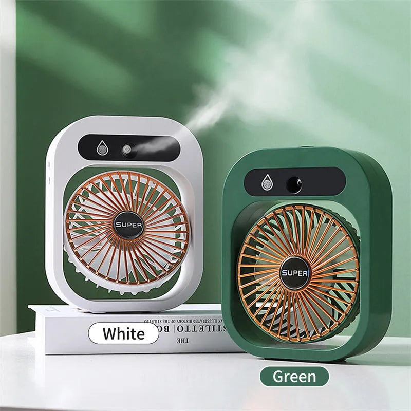 Green and white USB portable misting fan with humidifier function on desk