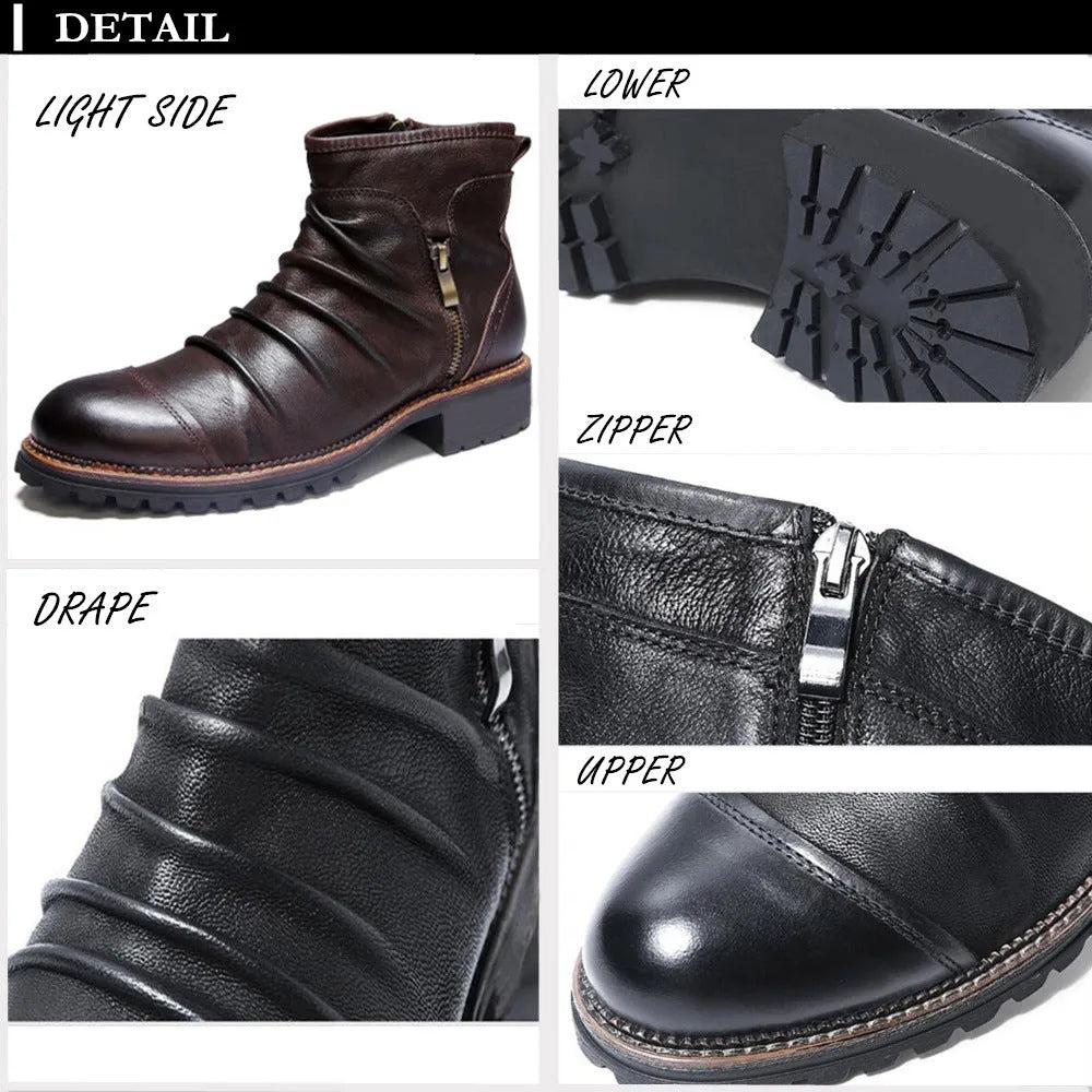 Men's black cowboy Martin boots with side zip, embossed leather look, and round toe.