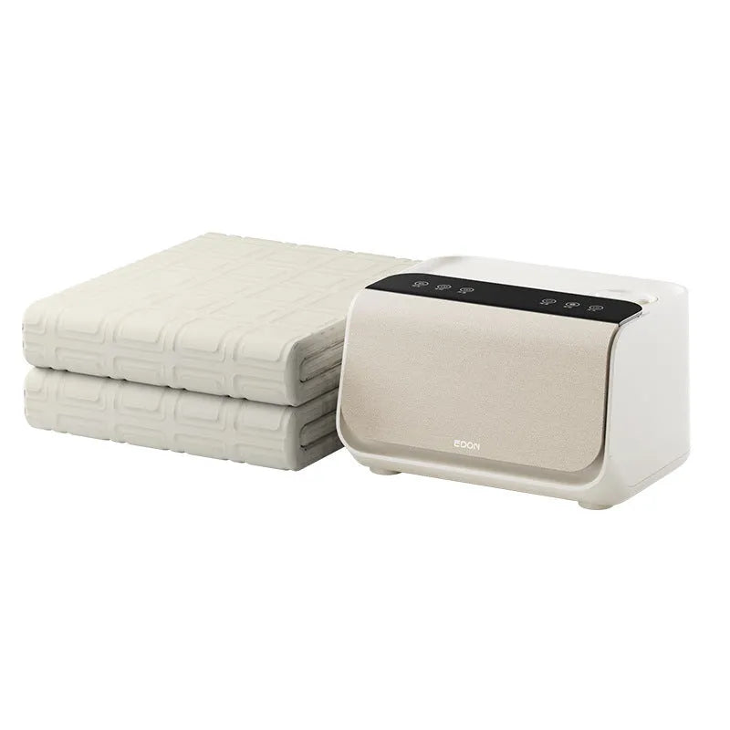 Electric water heating blanket showing PVC capsule design with plush lining in two size options