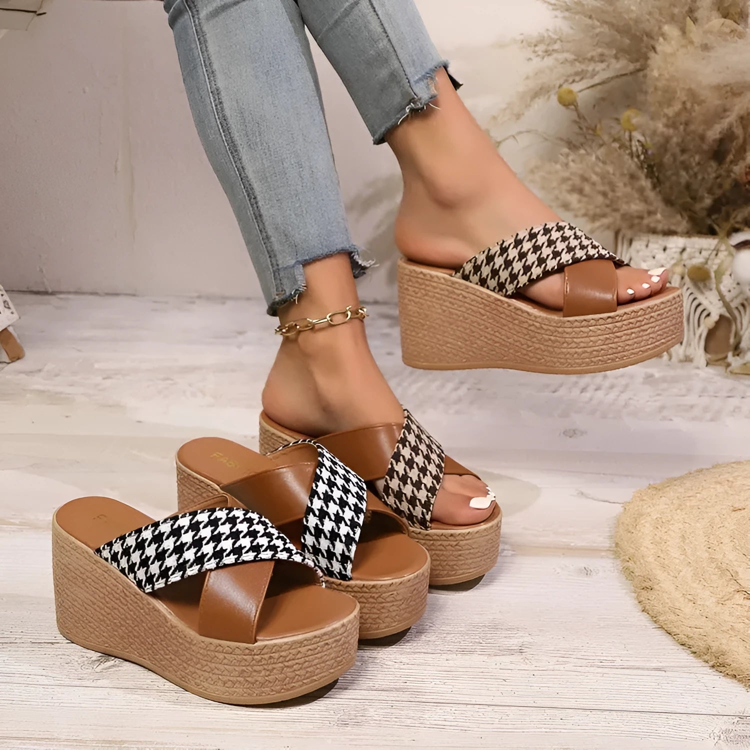 Brown and black plaid patterned casual wedge sandals with a rubber sole, shown on a white background.