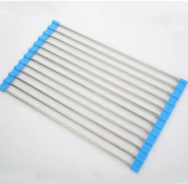 Foldable stainless steel kitchen sink drying rack shown in blue, red, and green colour options