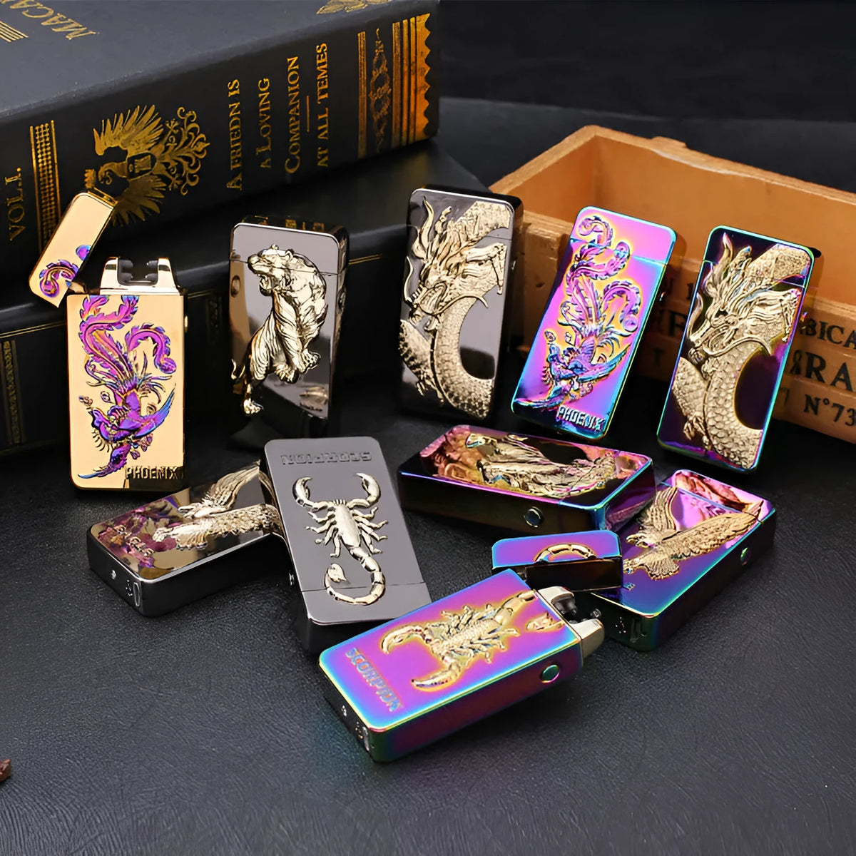 Metal USB rechargeable windproof lighter with ice golden dragon design, dimensions 73.5×35×13mm