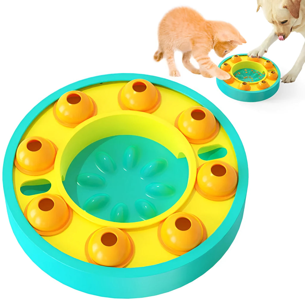 Green plastic interactive dog puzzle toy slow feeder bowl with non-slip base and food turntable.