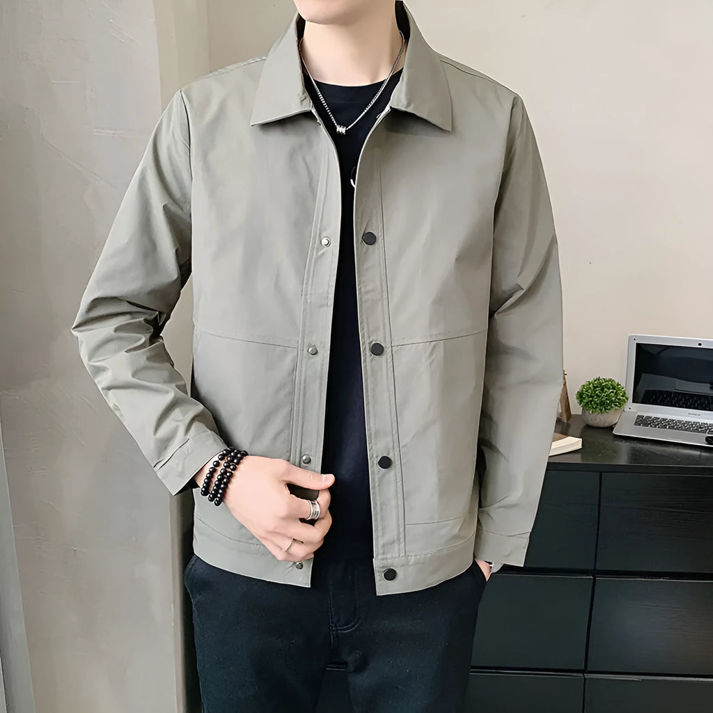 Men's thin Korean-style single-layer jacket in polyester, shown in light grey, featuring long sleeves and a stitched construction.