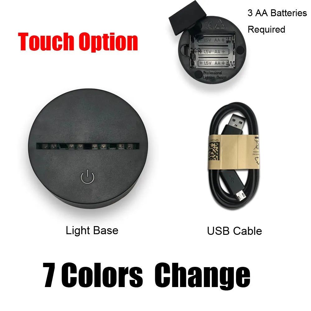 Religious 3D night light with black base and acrylic plate showing coloured illumination