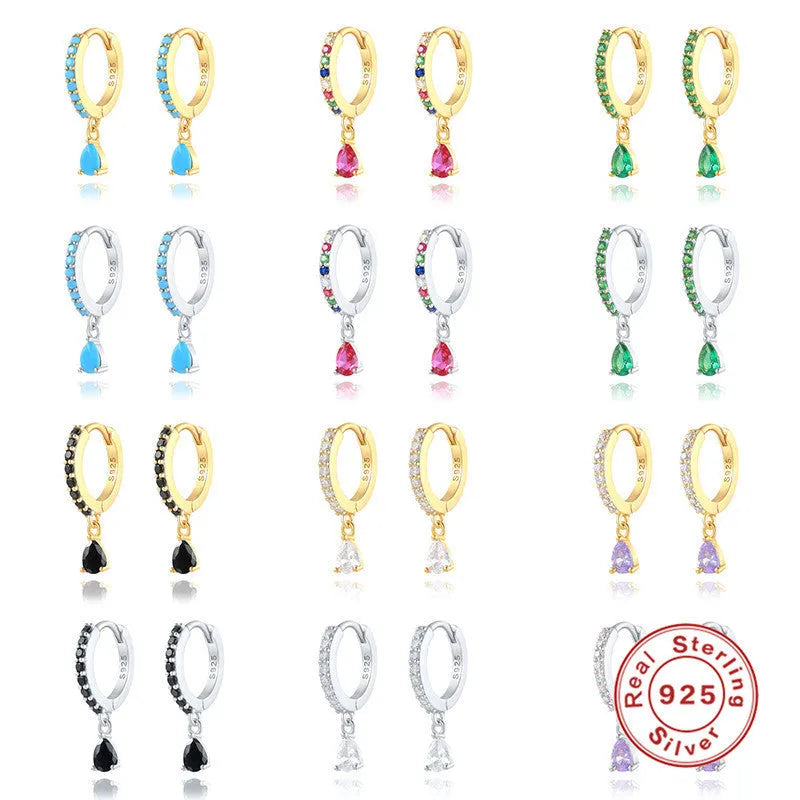 S925 sterling silver geometric water drop earrings with a choice of gold or silver tone finish and coloured gemstone centre.