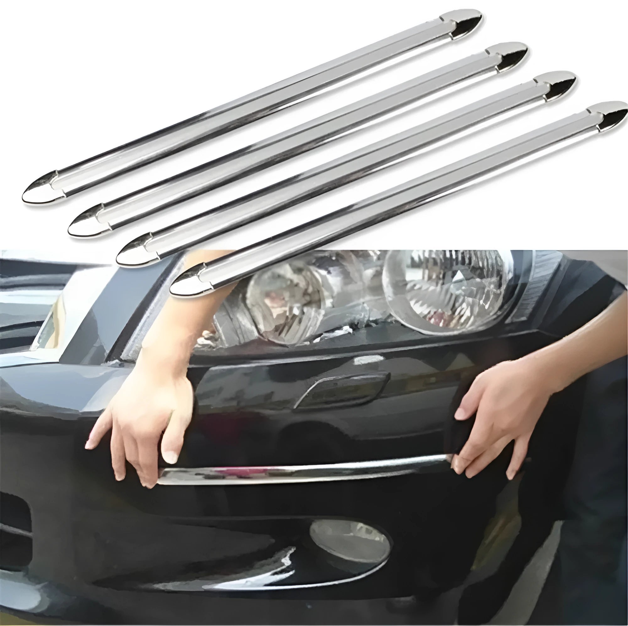 Set of 4 silver electroplated car anti-collision bumper protector strips 41cm long