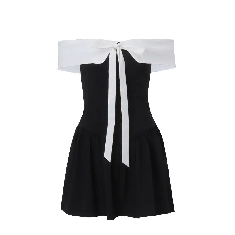 Black off-shoulder bow lace-up waist trimming short-sleeved mini dress high waist A-line