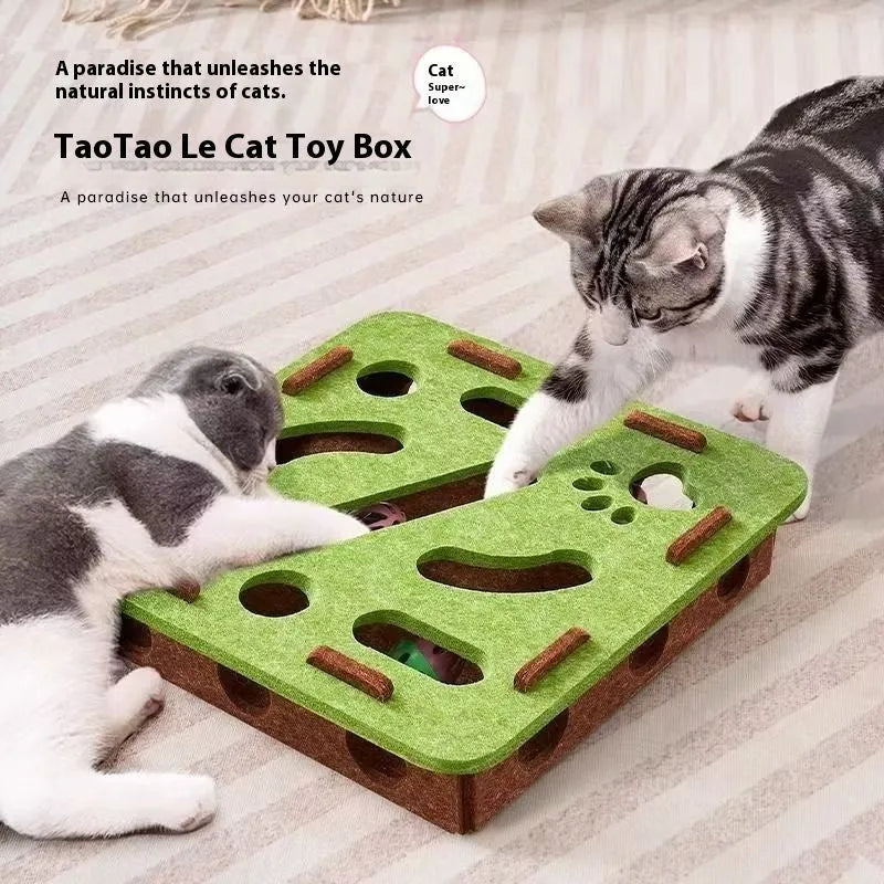 Green brown felt box cat toy with holes for paw play, measuring 30x30x7.5 cm.