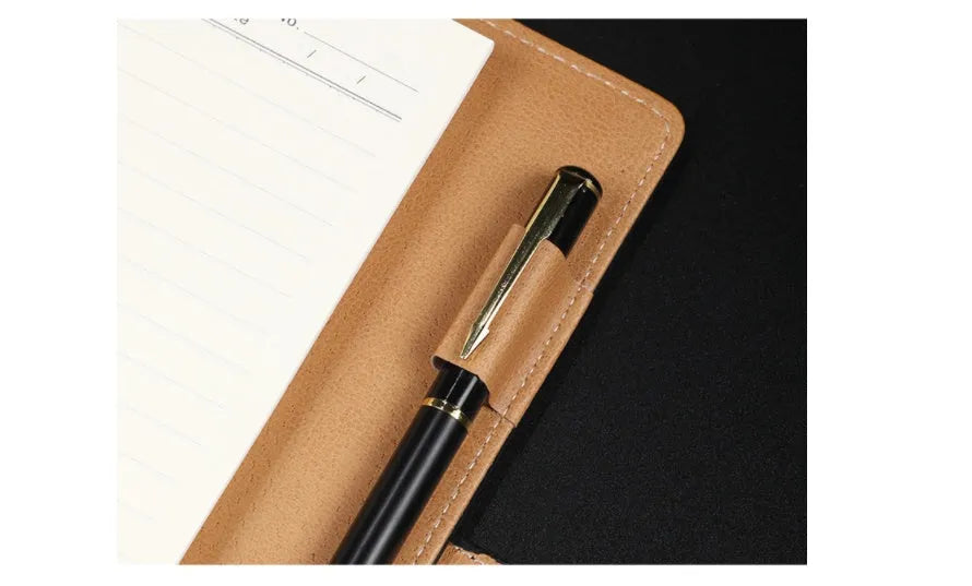 A5 hardcover leather buckle notebook in black, blue, brown, grey, or red with binder binding