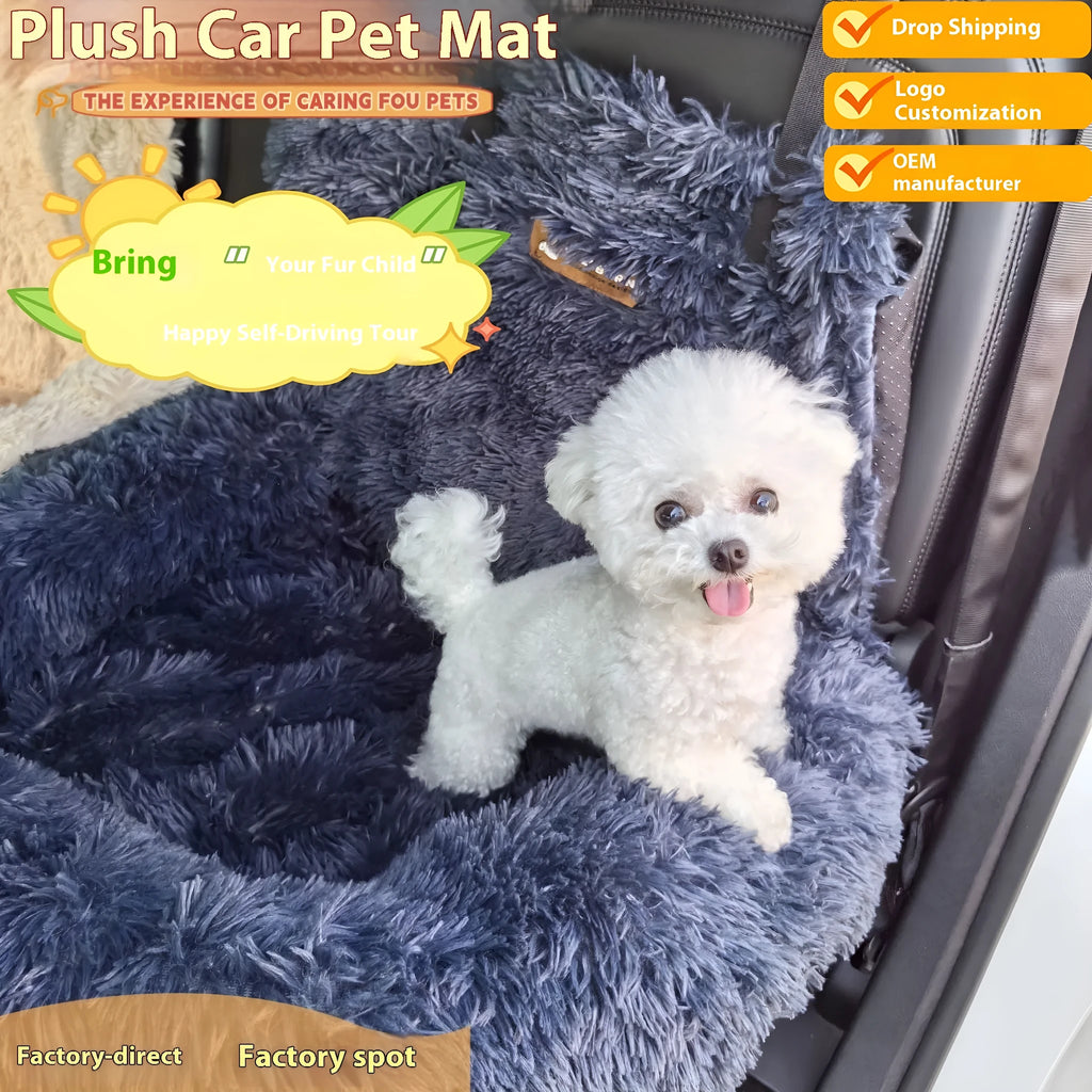 Dark grey thickened thermal pet mat placed on a car seat.