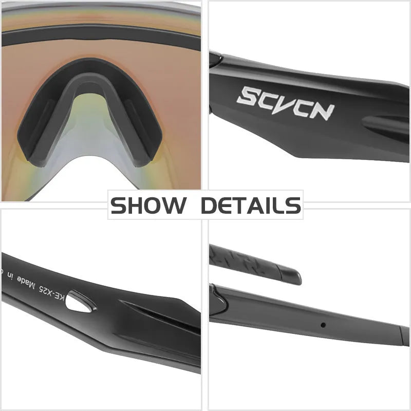 Frameless athletic glasses with a colourful one-piece lens and windproof design.