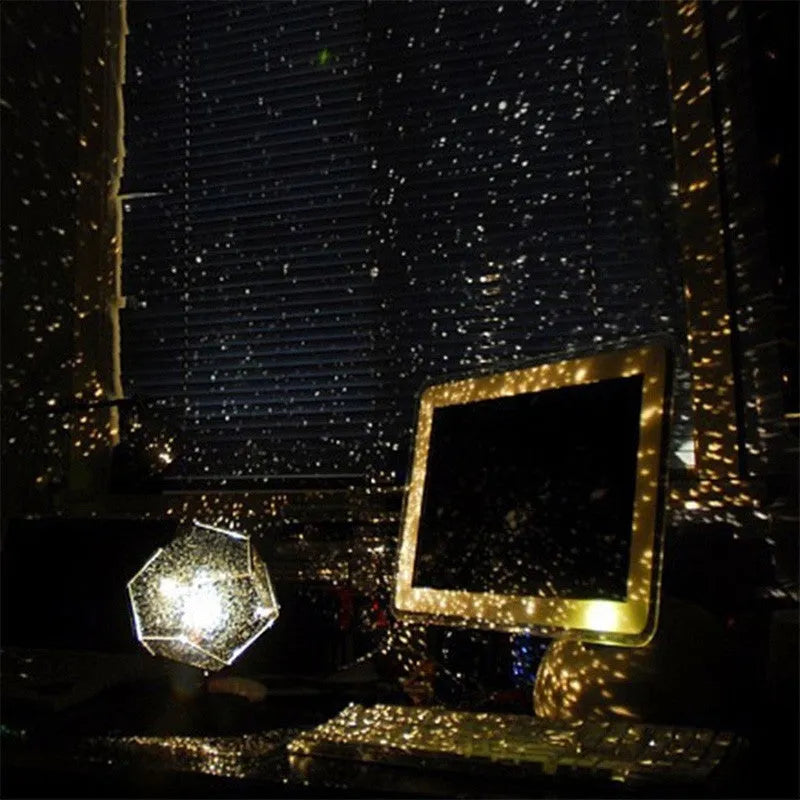 LED star projector night lamp showing constellation projection on bedroom ceiling with remote control