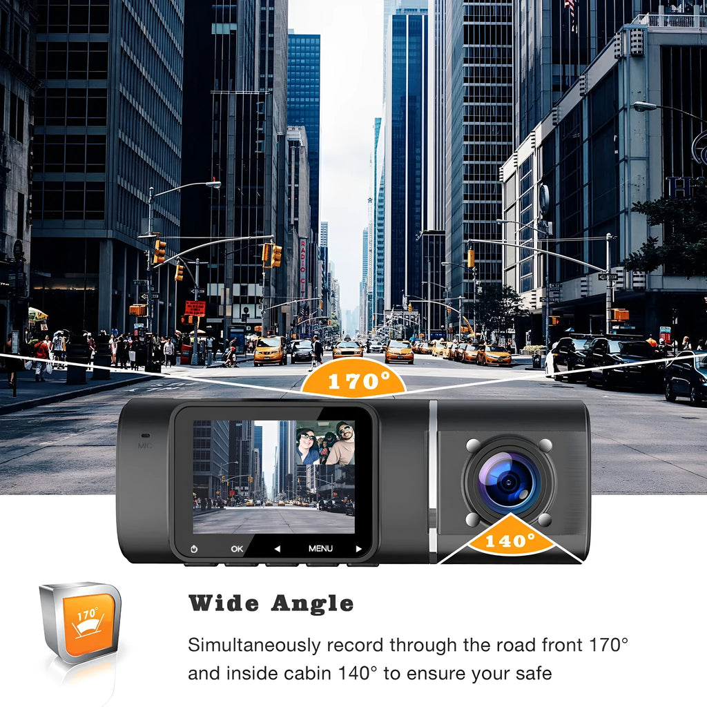 Standard black dash cam for car with 1.5-inch screen, showing front and rear recording capability.