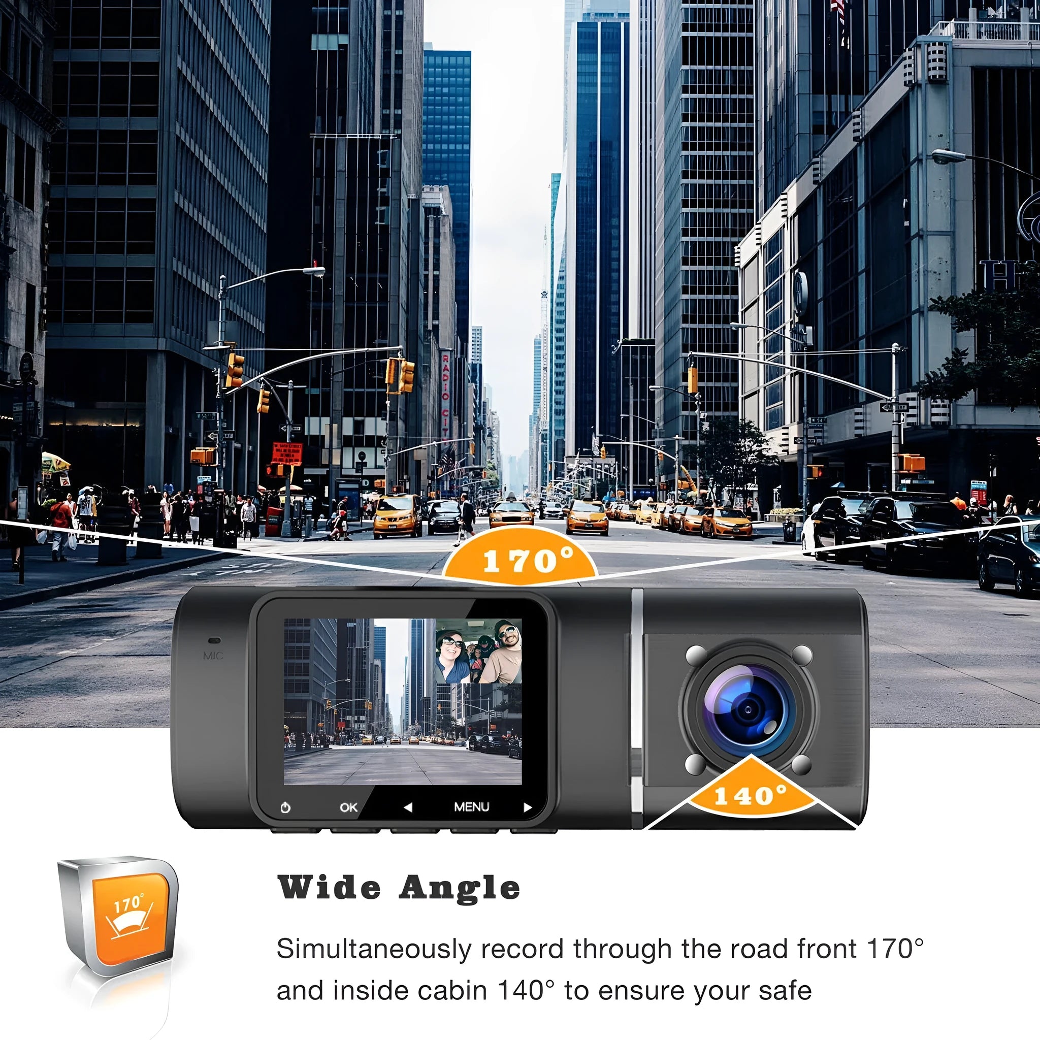 Standard black dash cam for car with 1.5-inch screen, showing front and rear recording capability.