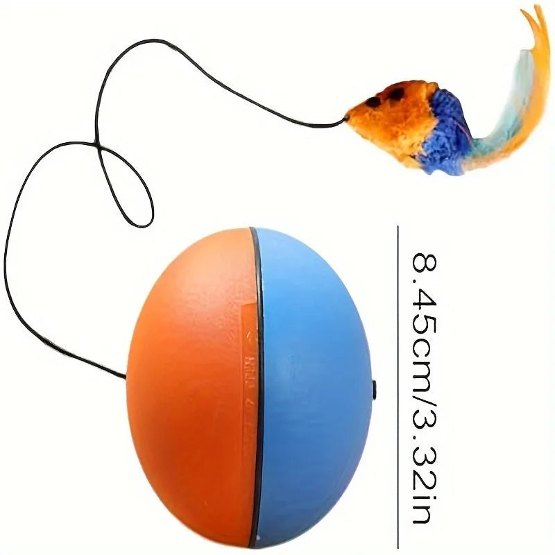Interactive cat toy ball with plush mouse design measuring 8.5cm cube in grey and orange colour options