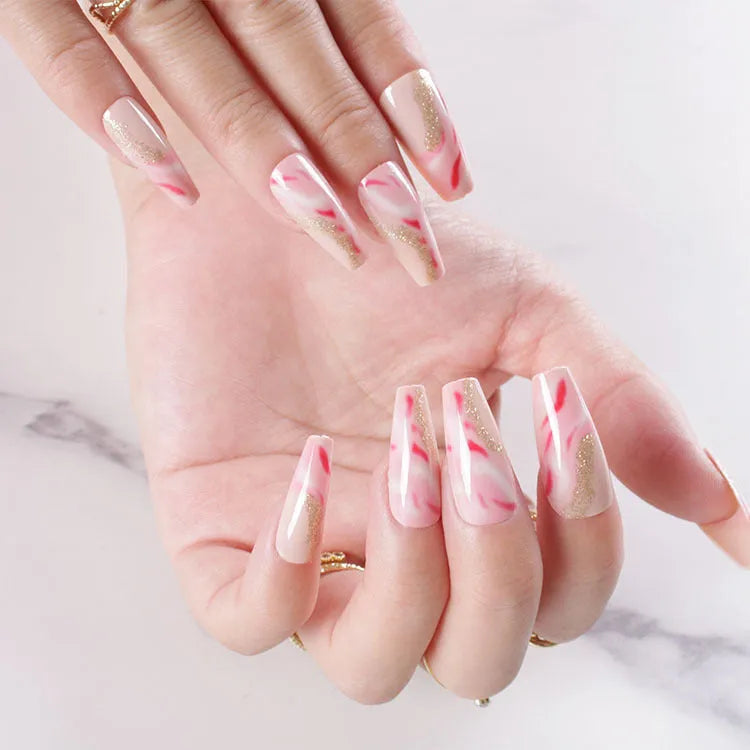 Rose and leopard print press-on false nails kit with glue and jelly adhesive bottles