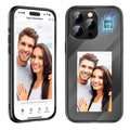 Black iPhone 15 Pro Max flip case with NFC ink screen showing custom design