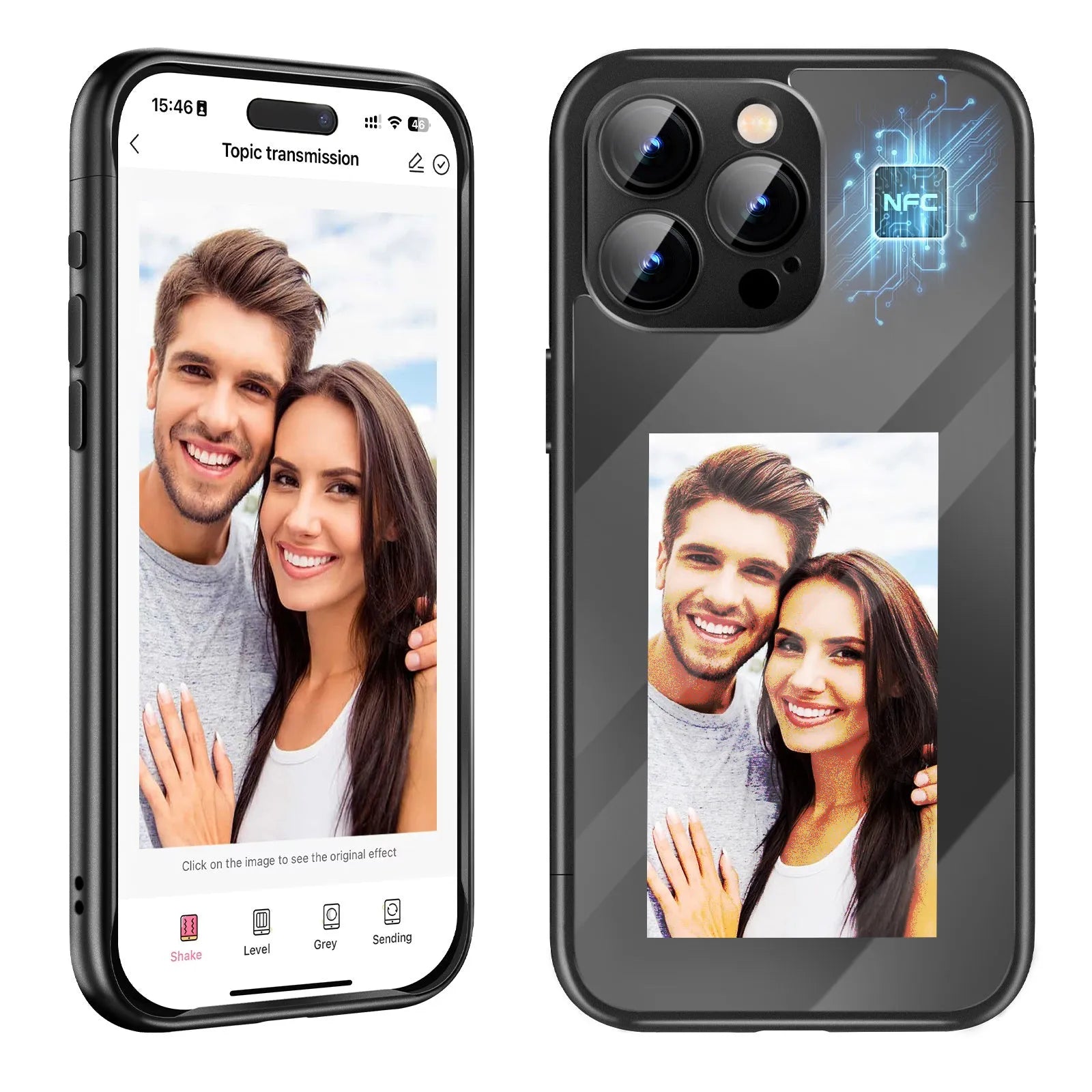 Black iPhone 15 Pro Max flip case with NFC ink screen showing custom design