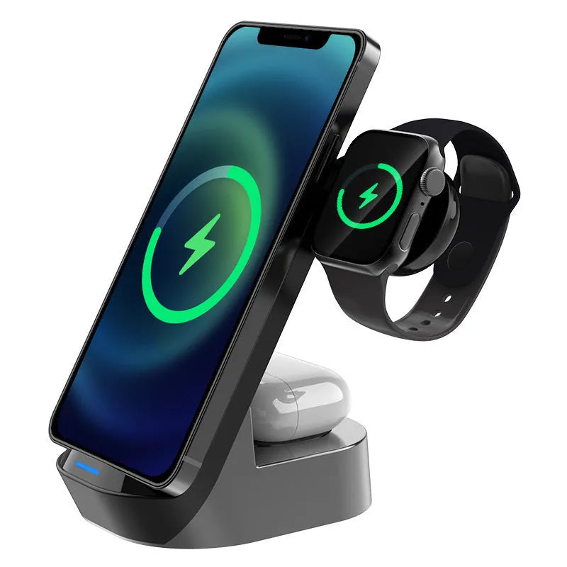 Black-grey foldable 3-in-1 wireless charging vertical stand for mobile phone, watch and headphones.
