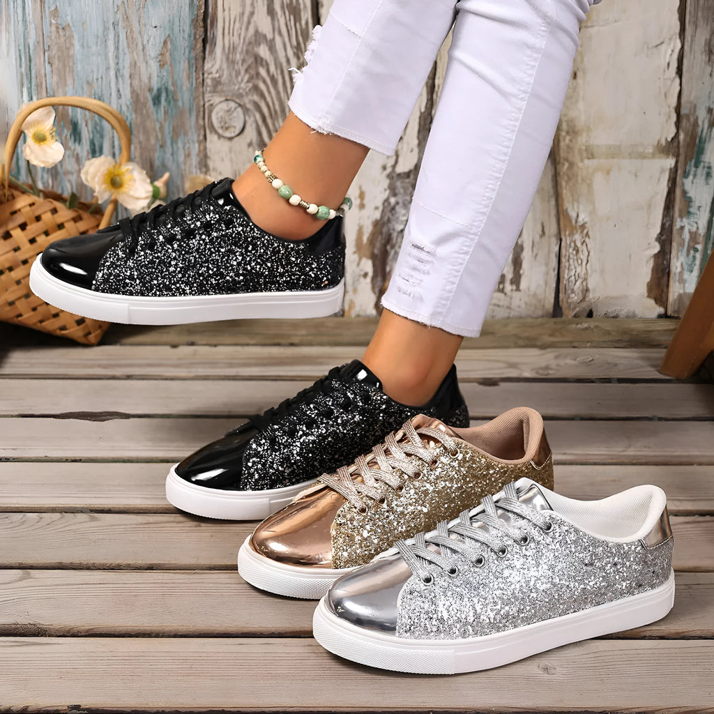 Women's plus size sequinned front lace-up board shoes in black, flat rubber sole.