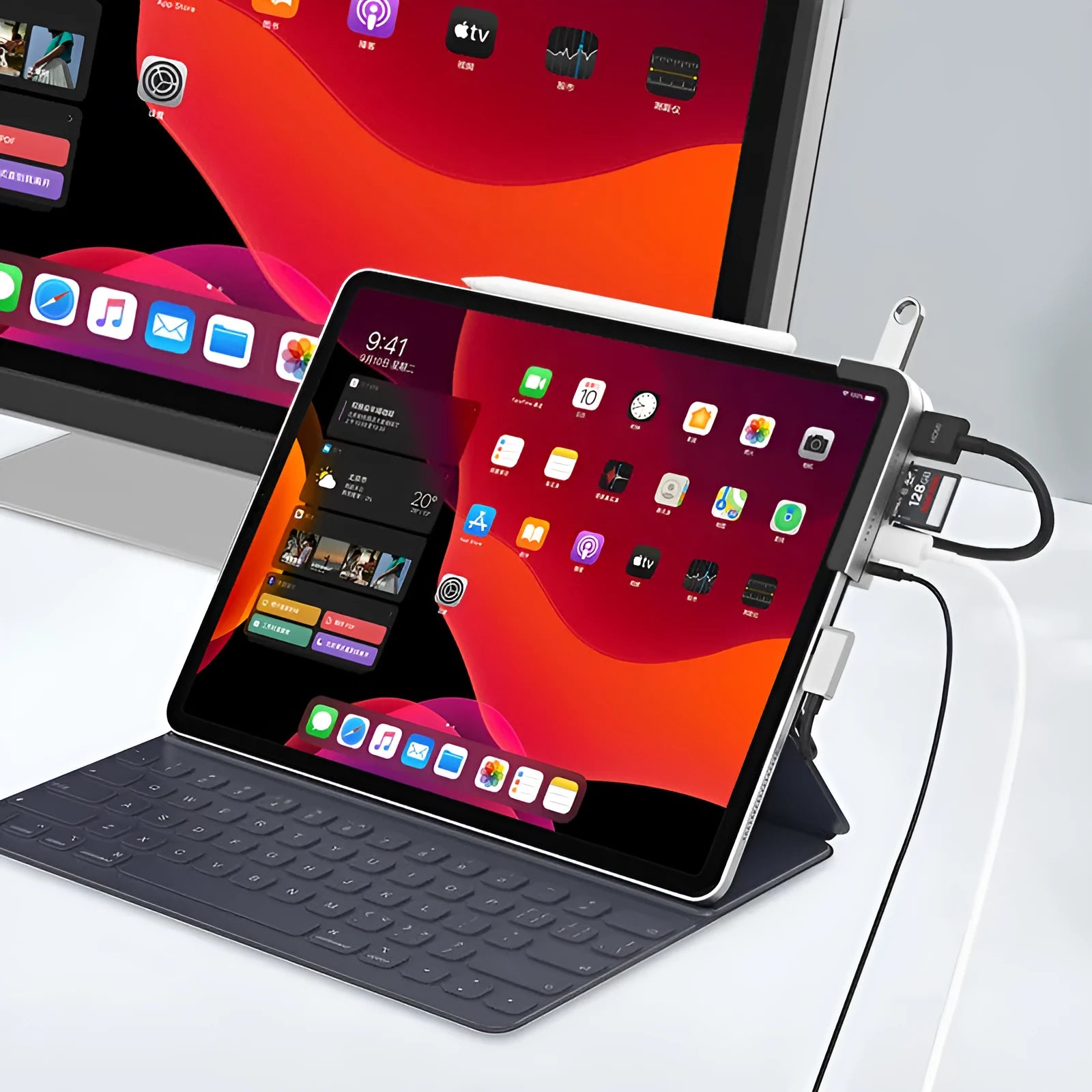 Silver aluminium grey Type-C 6-in-1 docking station for iPad Pro, showing multiple ports.